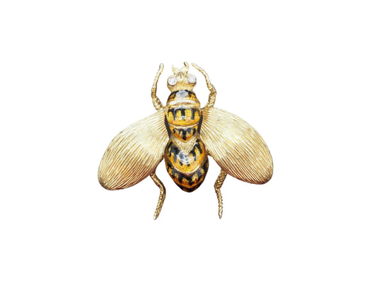 18K Yellow Gold Enamel and Diamond Eyes Fly Brooch Pin Large Size