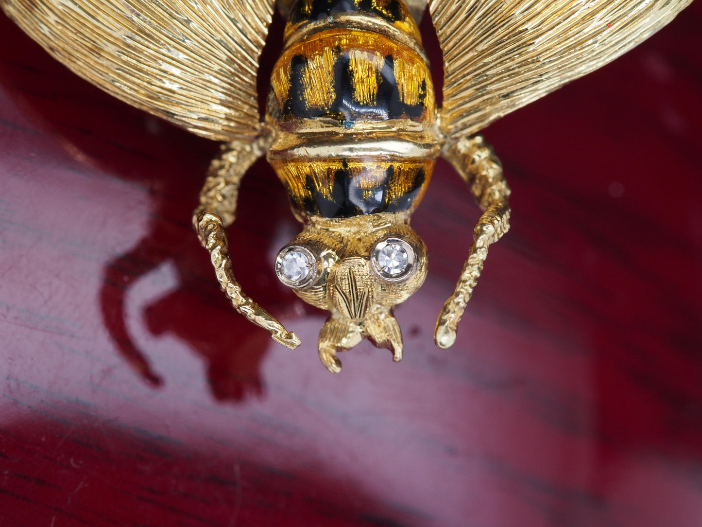 18K Yellow Gold Enamel and Diamond Eyes Fly Brooch Pin Large Size