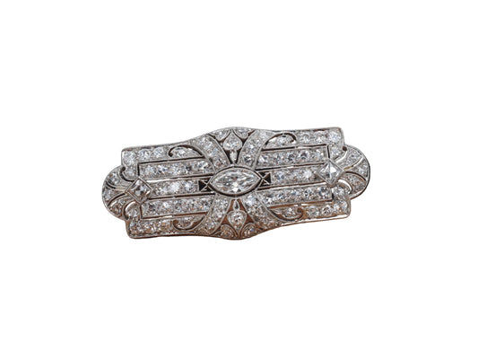 Circa 1920s Art Deco Platinum 2.50cttw Antique Marquise & French Cut Diamond Pin
