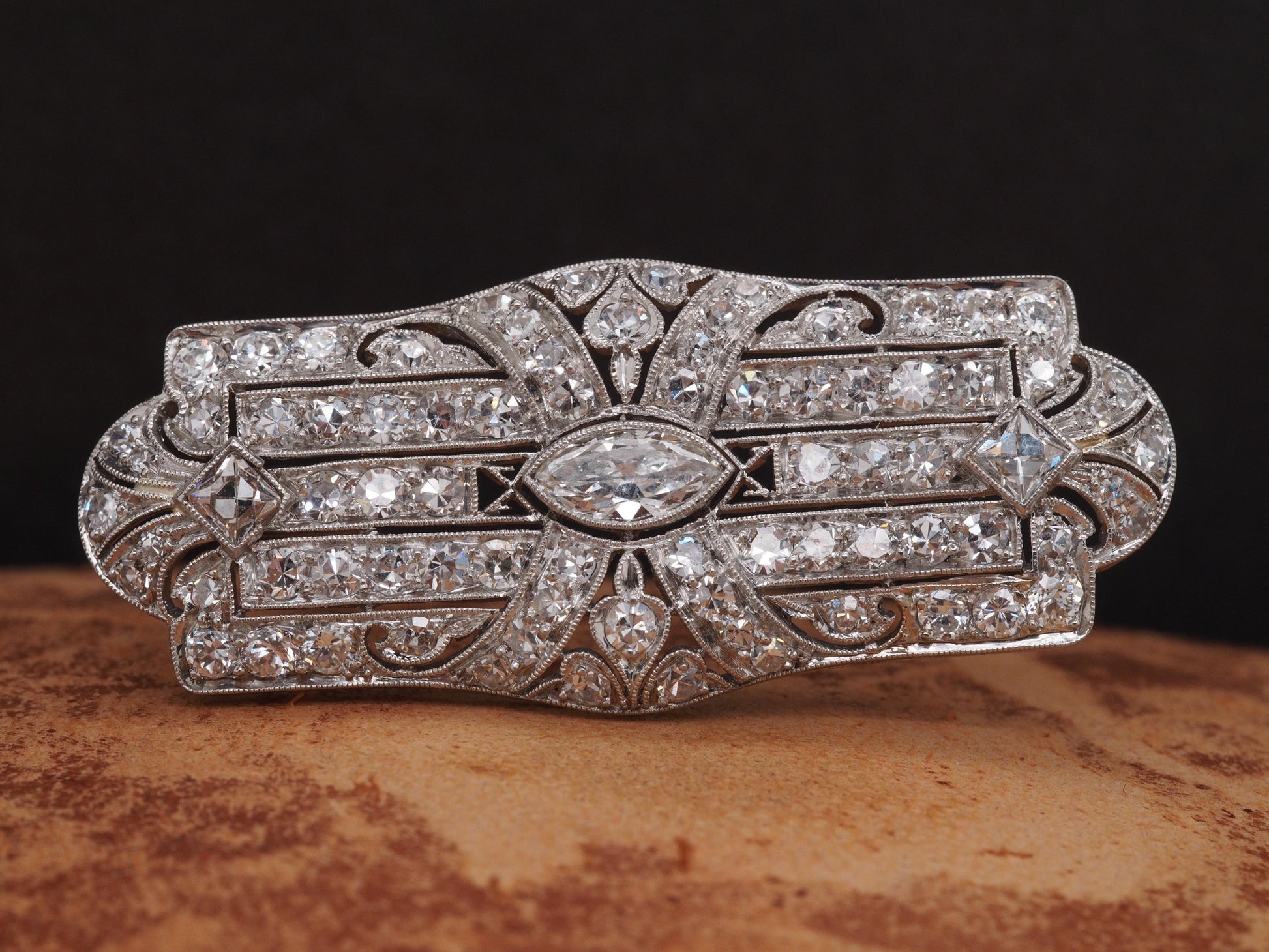 Circa 1920s Art Deco Platinum 2.50cttw Antique Marquise & French Cut Diamond Pin