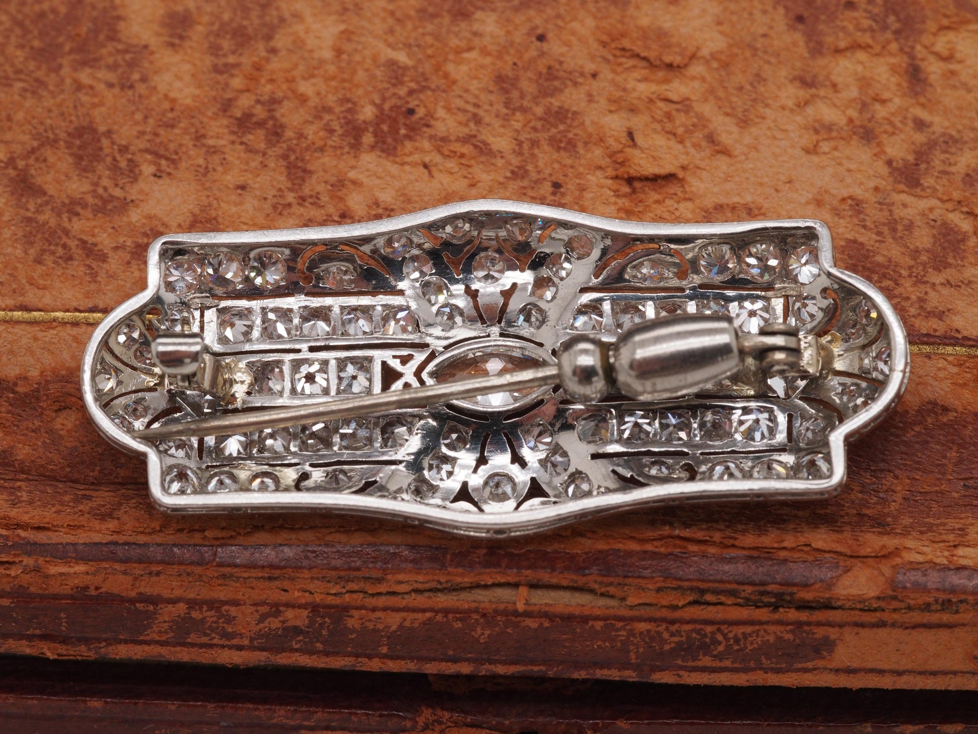 Circa 1920s Art Deco Platinum 2.50cttw Antique Marquise & French Cut Diamond Pin