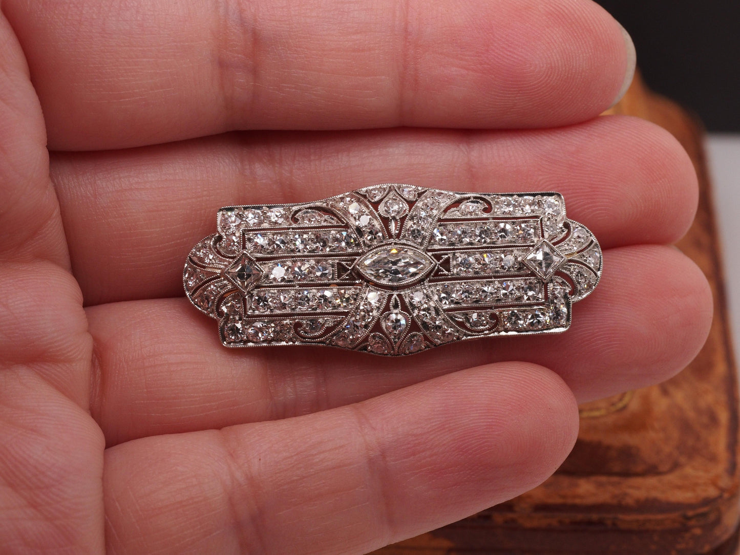 Circa 1920s Art Deco Platinum 2.50cttw Antique Marquise & French Cut Diamond Pin