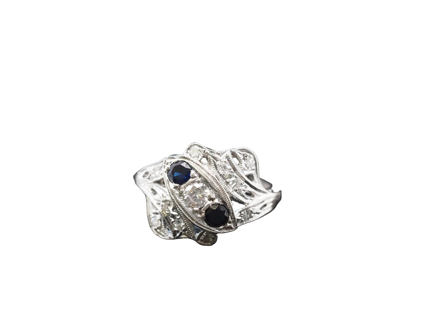 Circa 1940s 14K White Gold Sapphire and Diamond Ring - VHK#849