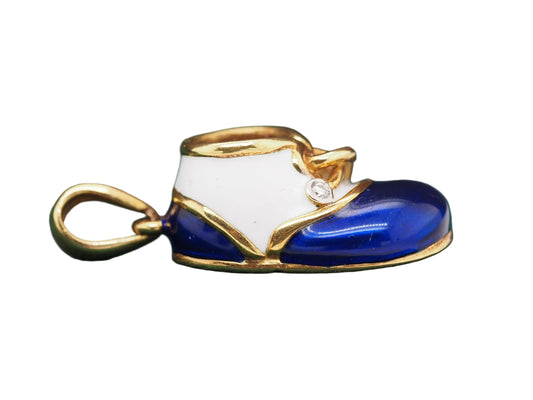 18K Yellow Gold Baby Boots Blue and White Enamel, Diamond Pendant & Charm - VHK#