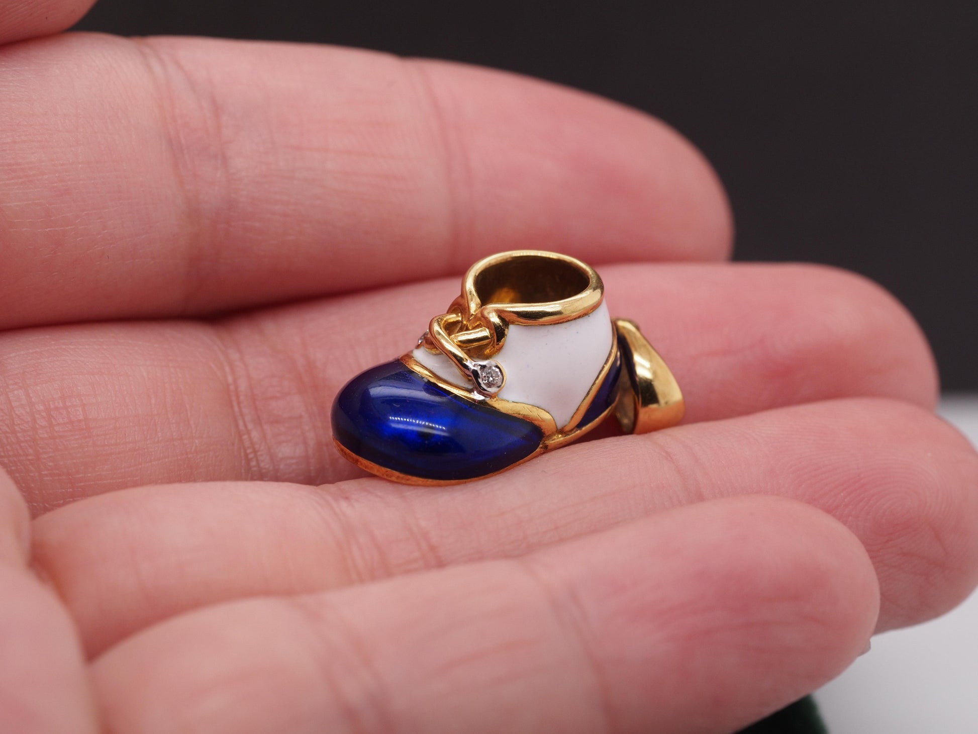 18K Yellow Gold Baby Boots Blue and White Enamel, Diamond Pendant & Charm - VHK#