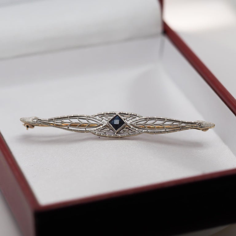 1930s 14K Yellow Gold Art Deco Brooch with Sapphire - VHK#531