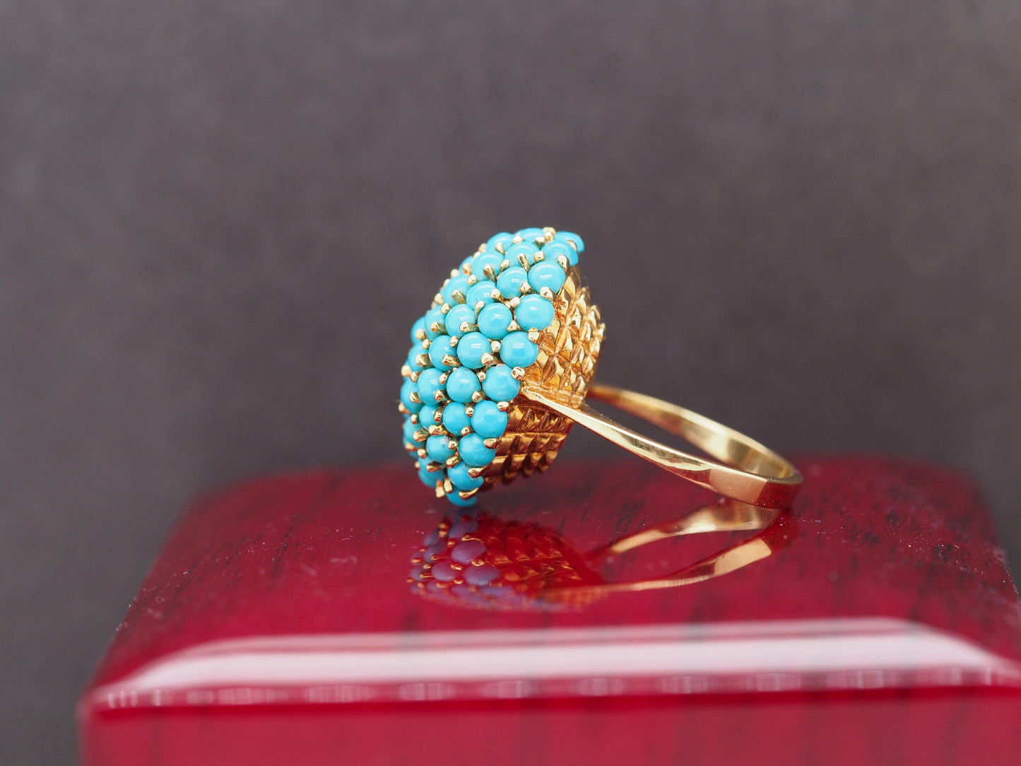 1960s 18K Yellow Gold Turquoise Nantucket Basket Ring - VHK#517