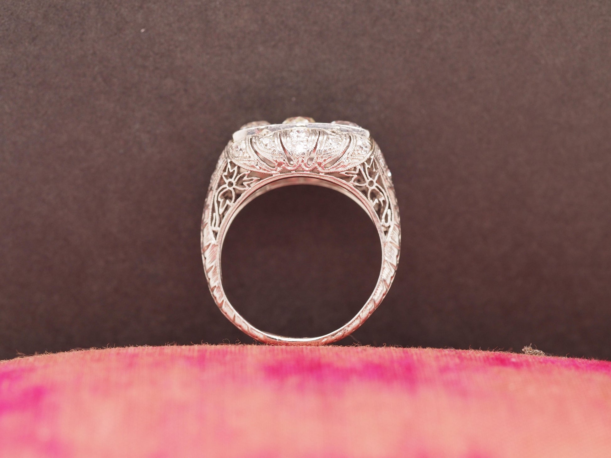 Circa 1930s Platinum Art Deco 3 Stone Old Mine Brilliant 1.40cttw Diamond Ring