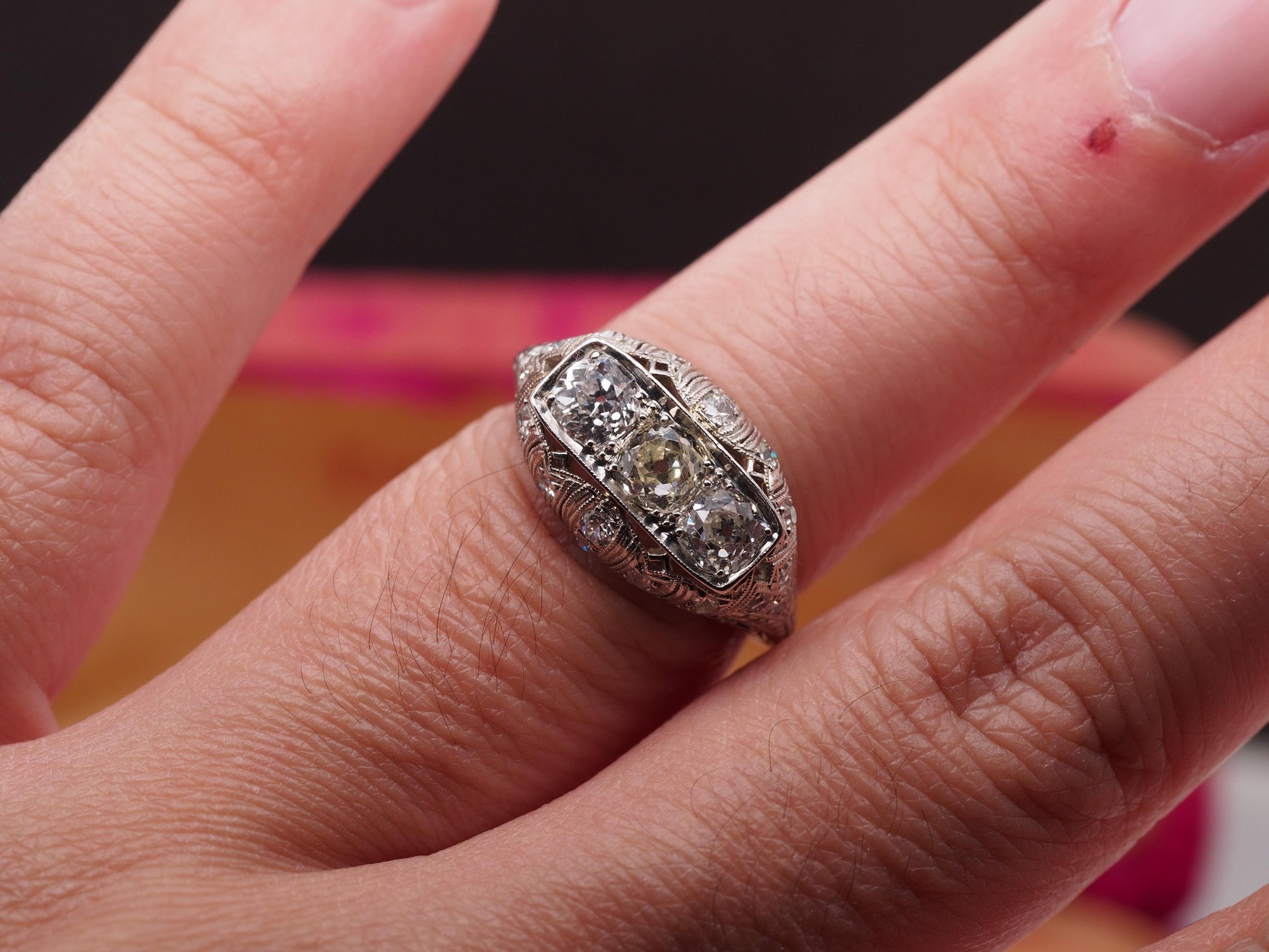 Circa 1930s Platinum Art Deco 3 Stone Old Mine Brilliant 1.40cttw Diamond Ring