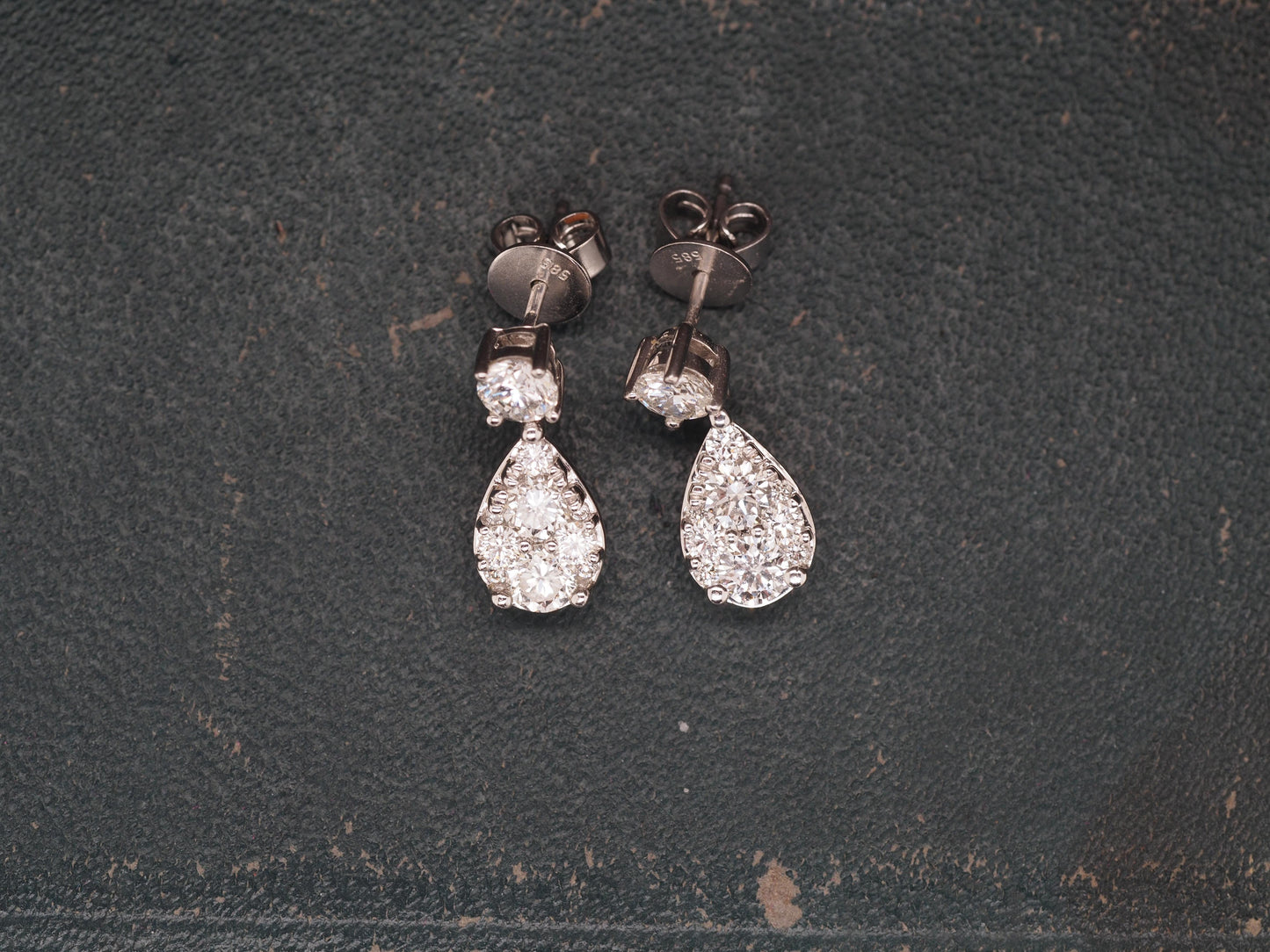 14K White Gold Dangling Drop Diamond Cluster Earrings - VHK#526