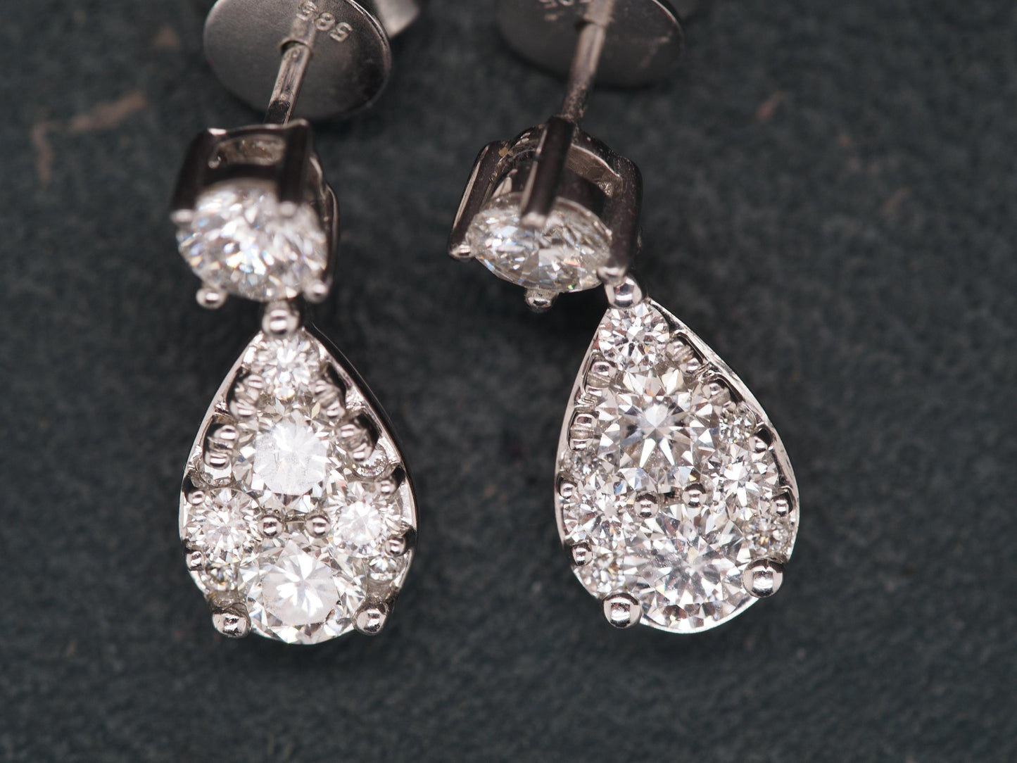 14K White Gold Dangling Drop Diamond Cluster Earrings - VHK#526