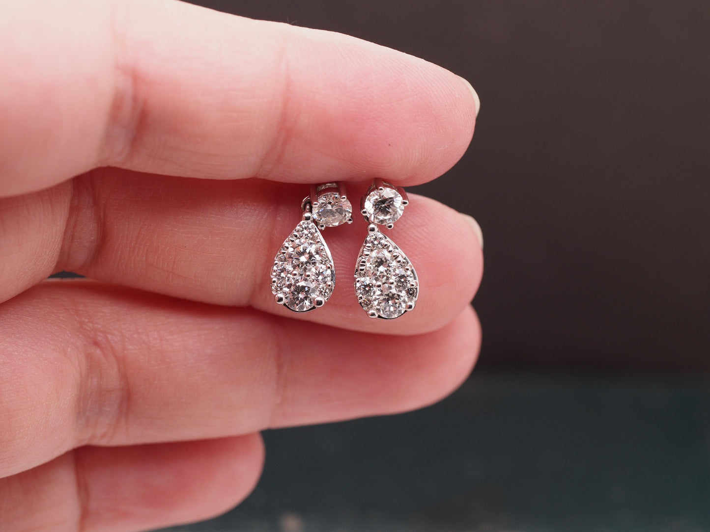 14K White Gold Dangling Drop Diamond Cluster Earrings - VHK#526