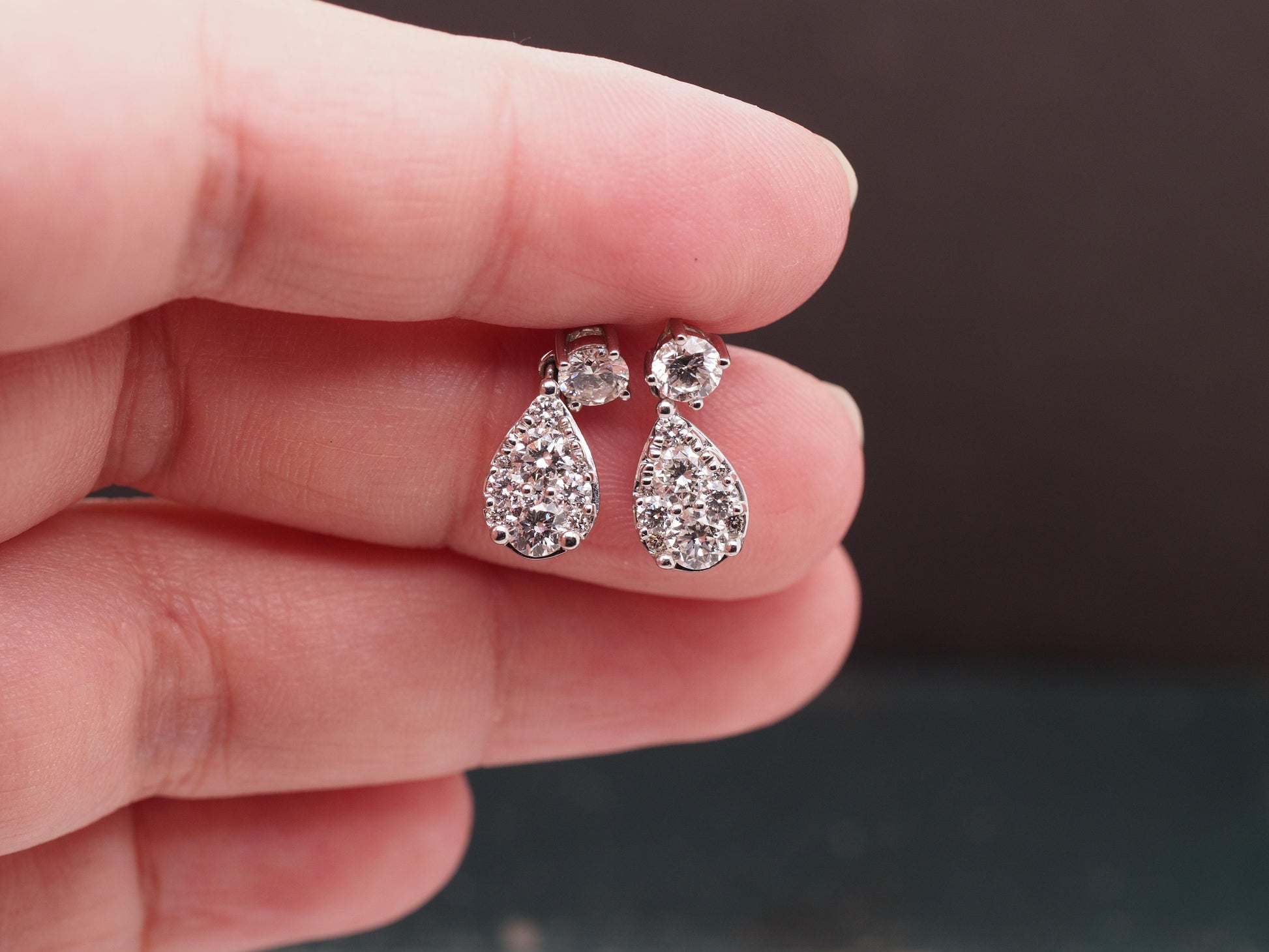 14K White Gold Dangling Drop Diamond Cluster Earrings - VHK#526