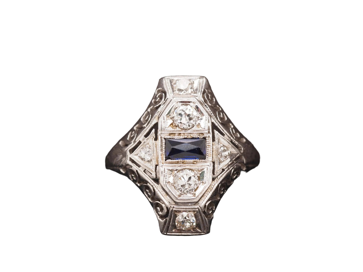 14K White Gold Art Deco Old European Diamond and Sapphire Shield Ring - VHK#542