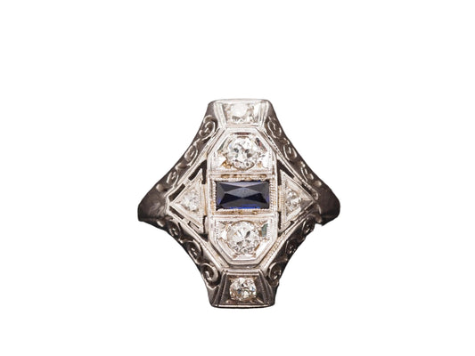 14K White Gold Art Deco Old European Diamond and Sapphire Shield Ring - VHK#542