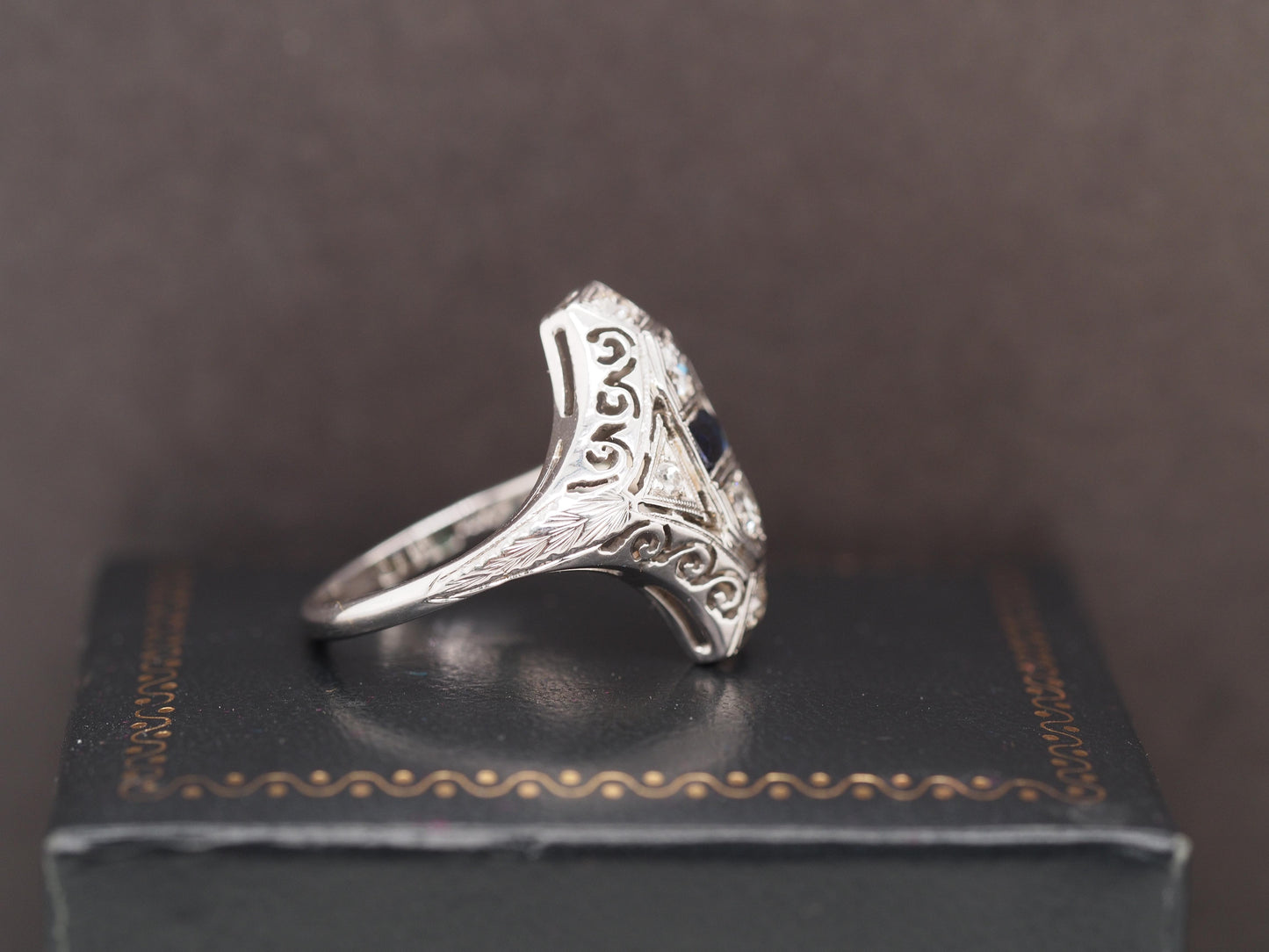 14K White Gold Art Deco Old European Diamond and Sapphire Shield Ring - VHK#542