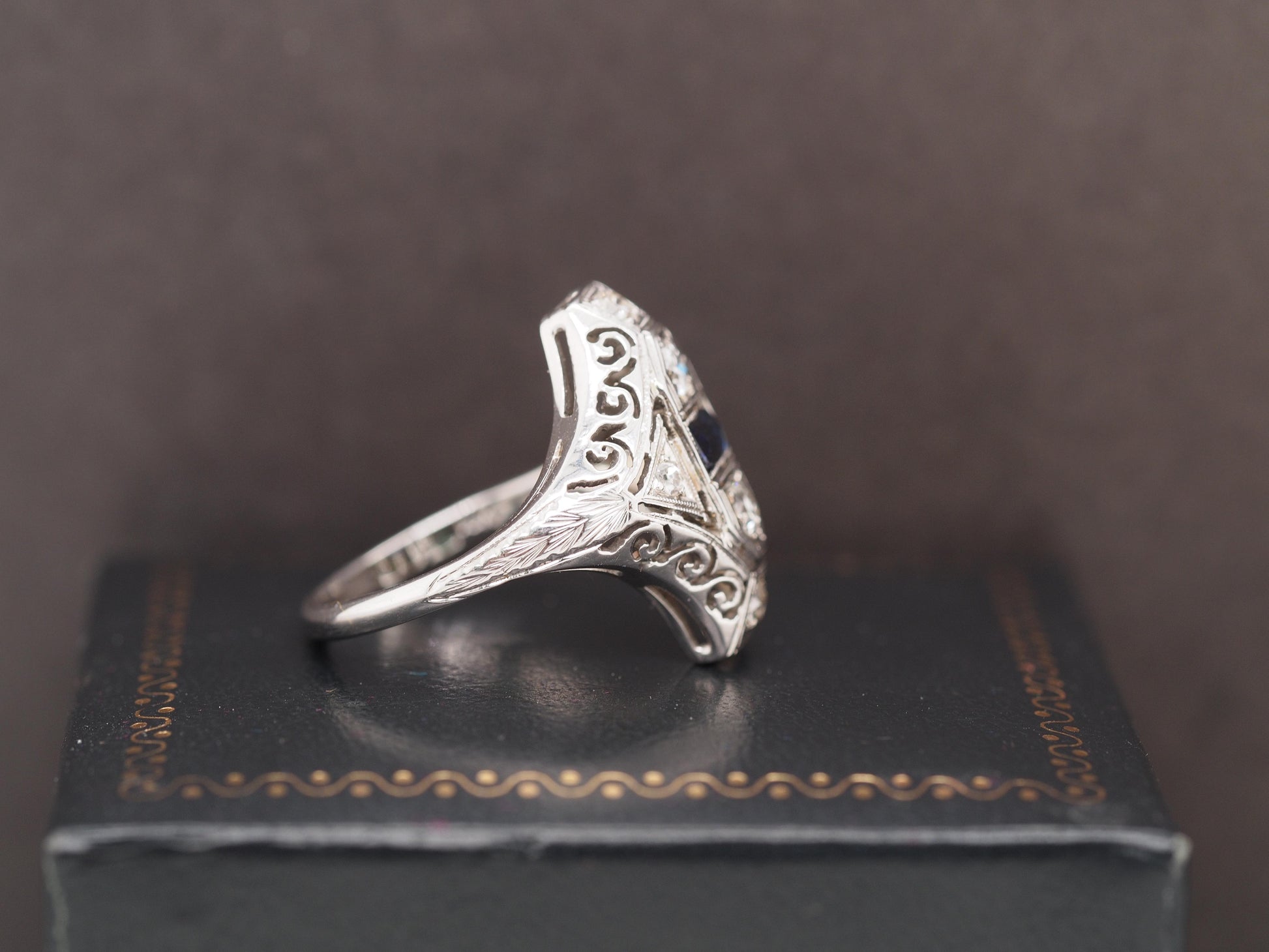 14K White Gold Art Deco Old European Diamond and Sapphire Shield Ring - VHK#542