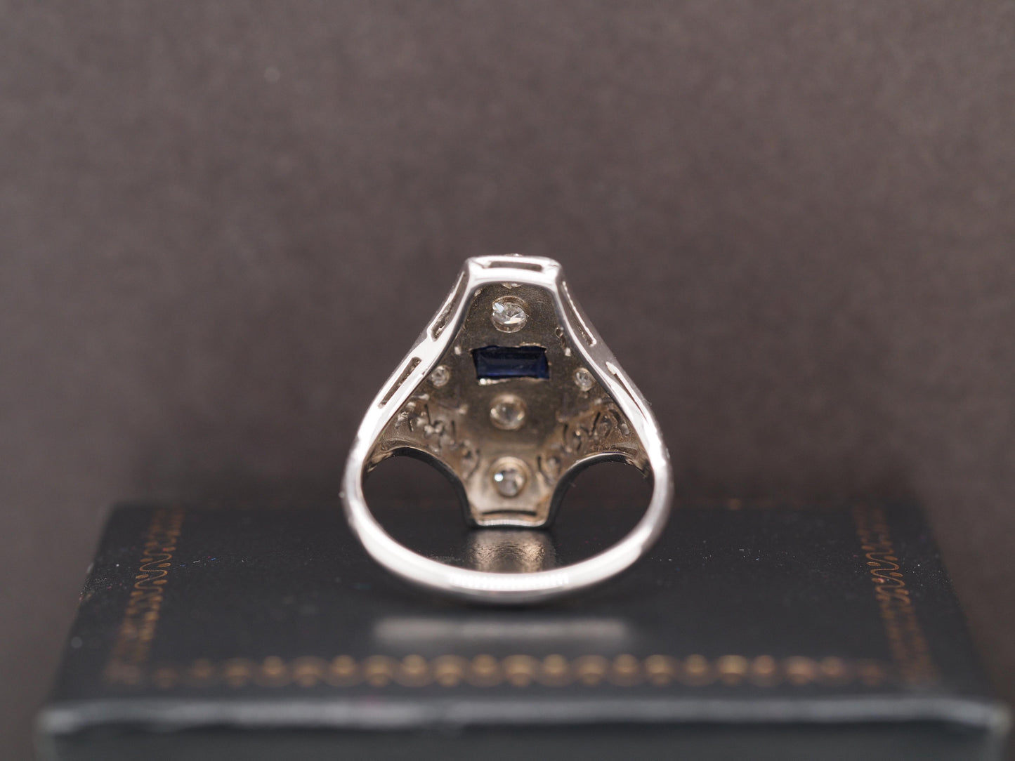 14K White Gold Art Deco Old European Diamond and Sapphire Shield Ring - VHK#542