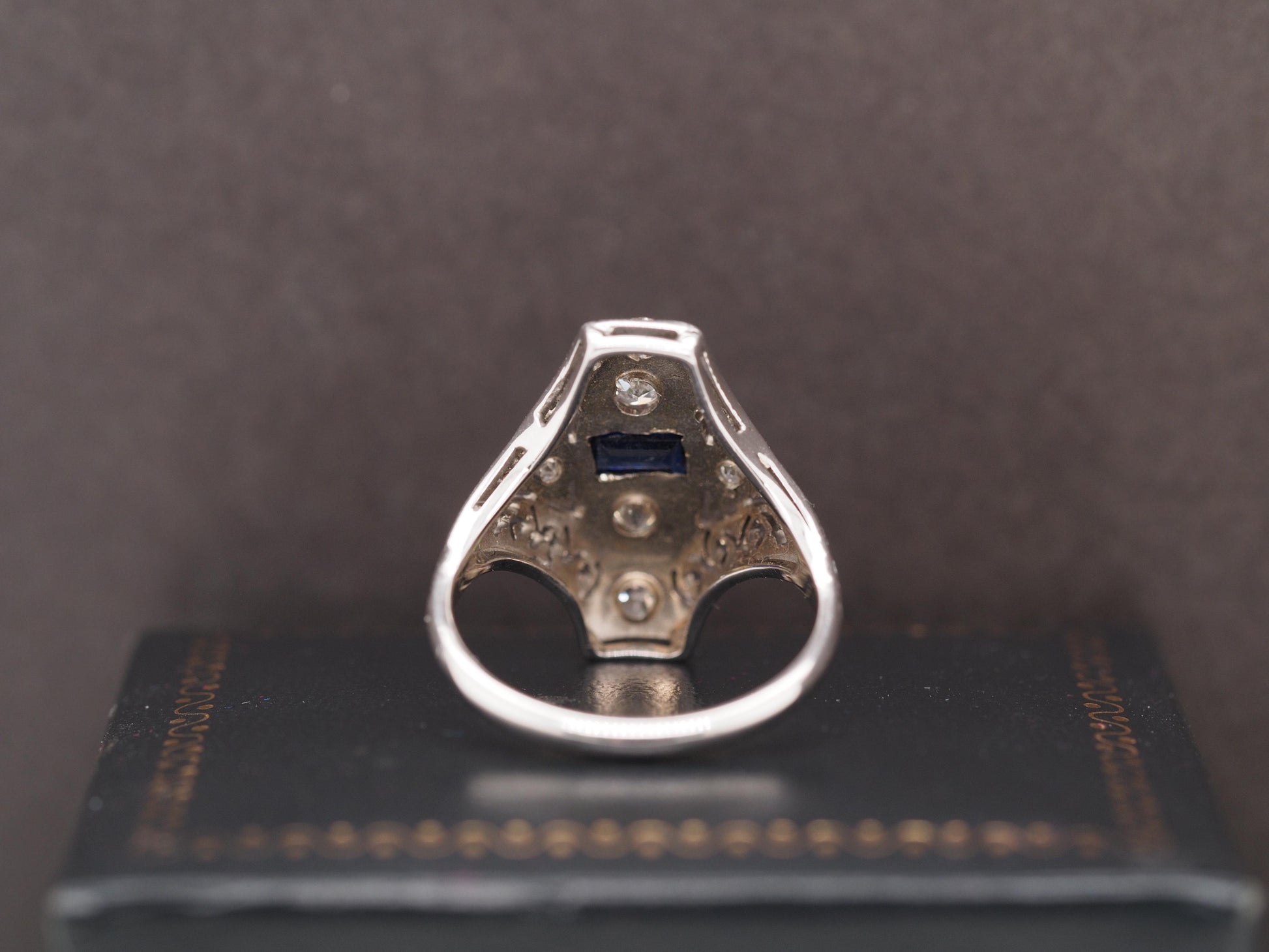 14K White Gold Art Deco Old European Diamond and Sapphire Shield Ring - VHK#542