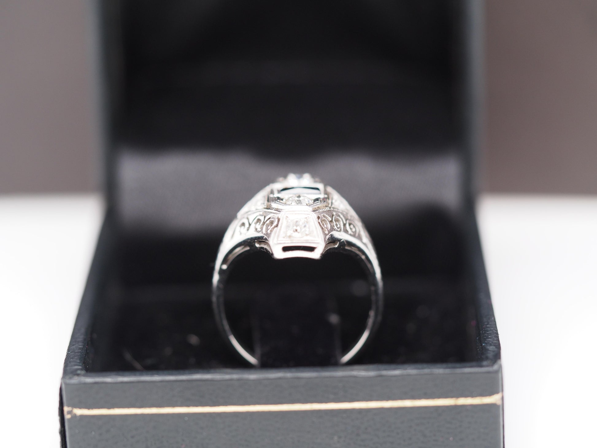14K White Gold Art Deco Old European Diamond and Sapphire Shield Ring - VHK#542