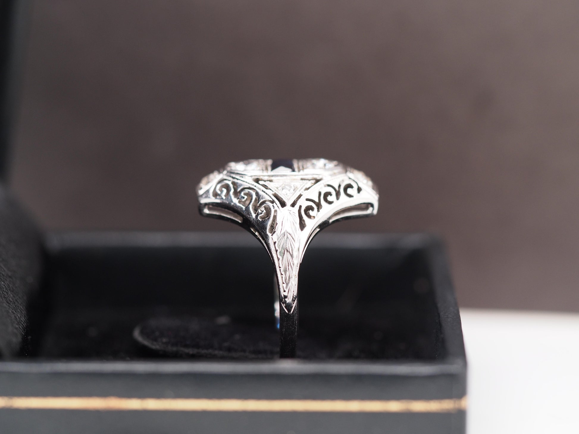 14K White Gold Art Deco Old European Diamond and Sapphire Shield Ring - VHK#542