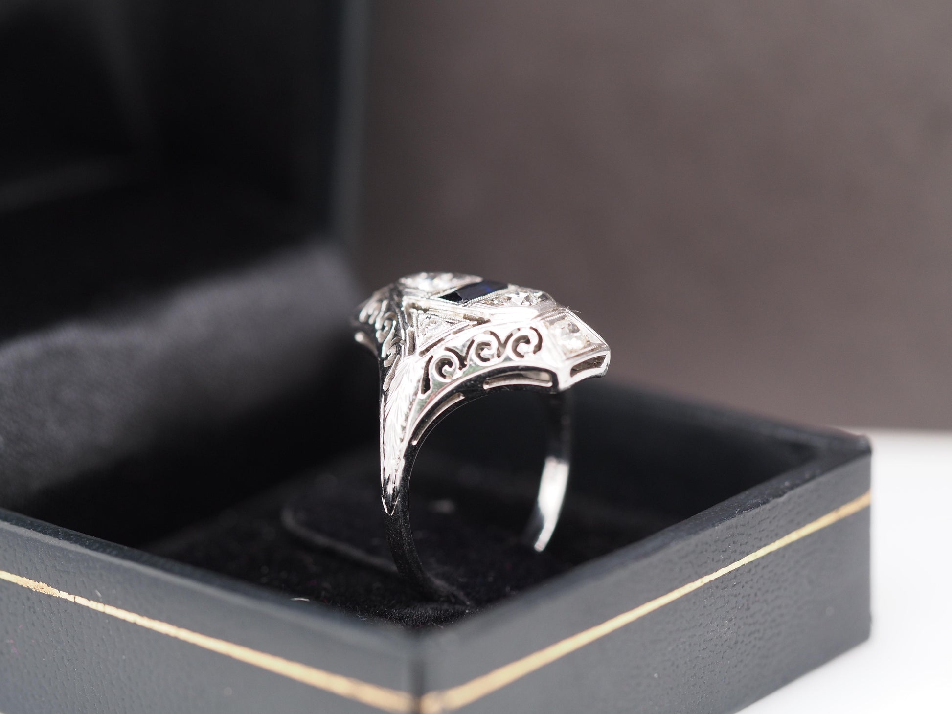 14K White Gold Art Deco Old European Diamond and Sapphire Shield Ring - VHK#542