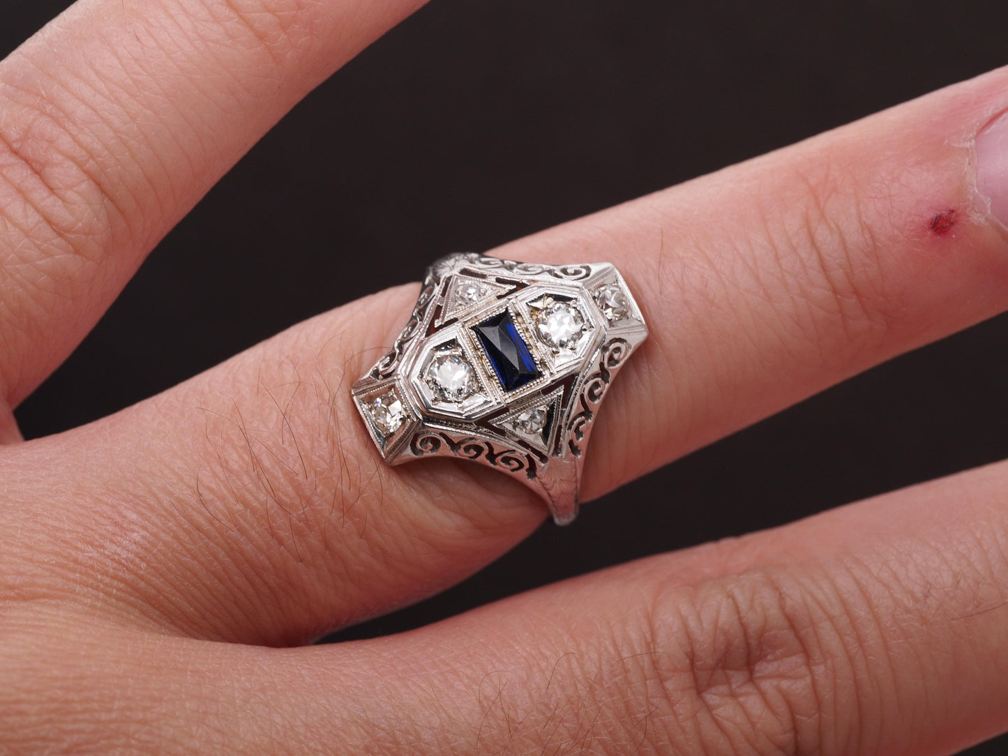14K White Gold Art Deco Old European Diamond and Sapphire Shield Ring - VHK#542