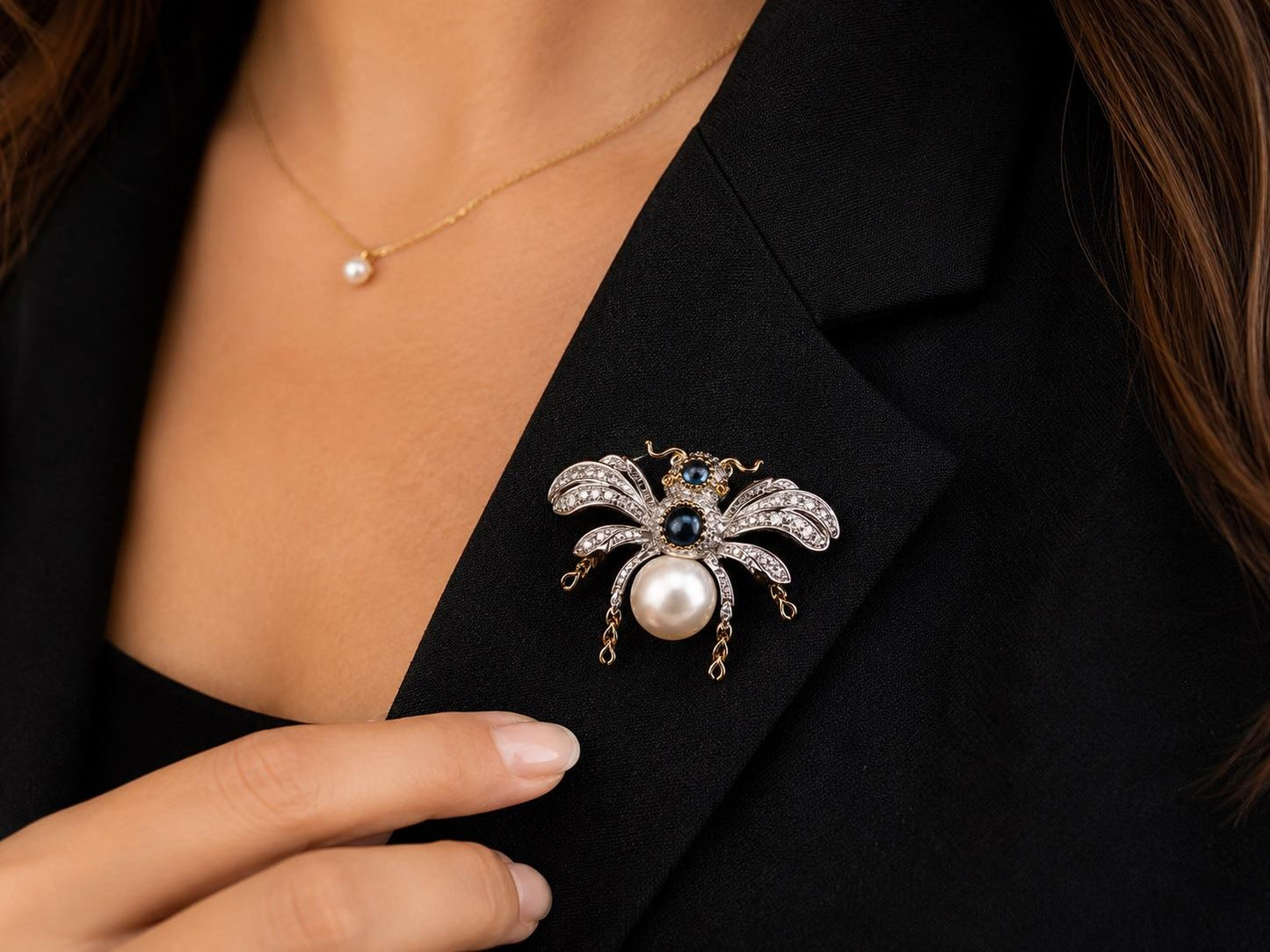 Estate 18K Gold Fly Bug Brooch with Diamonds, Sapphire and Pearls - VHK#483A
