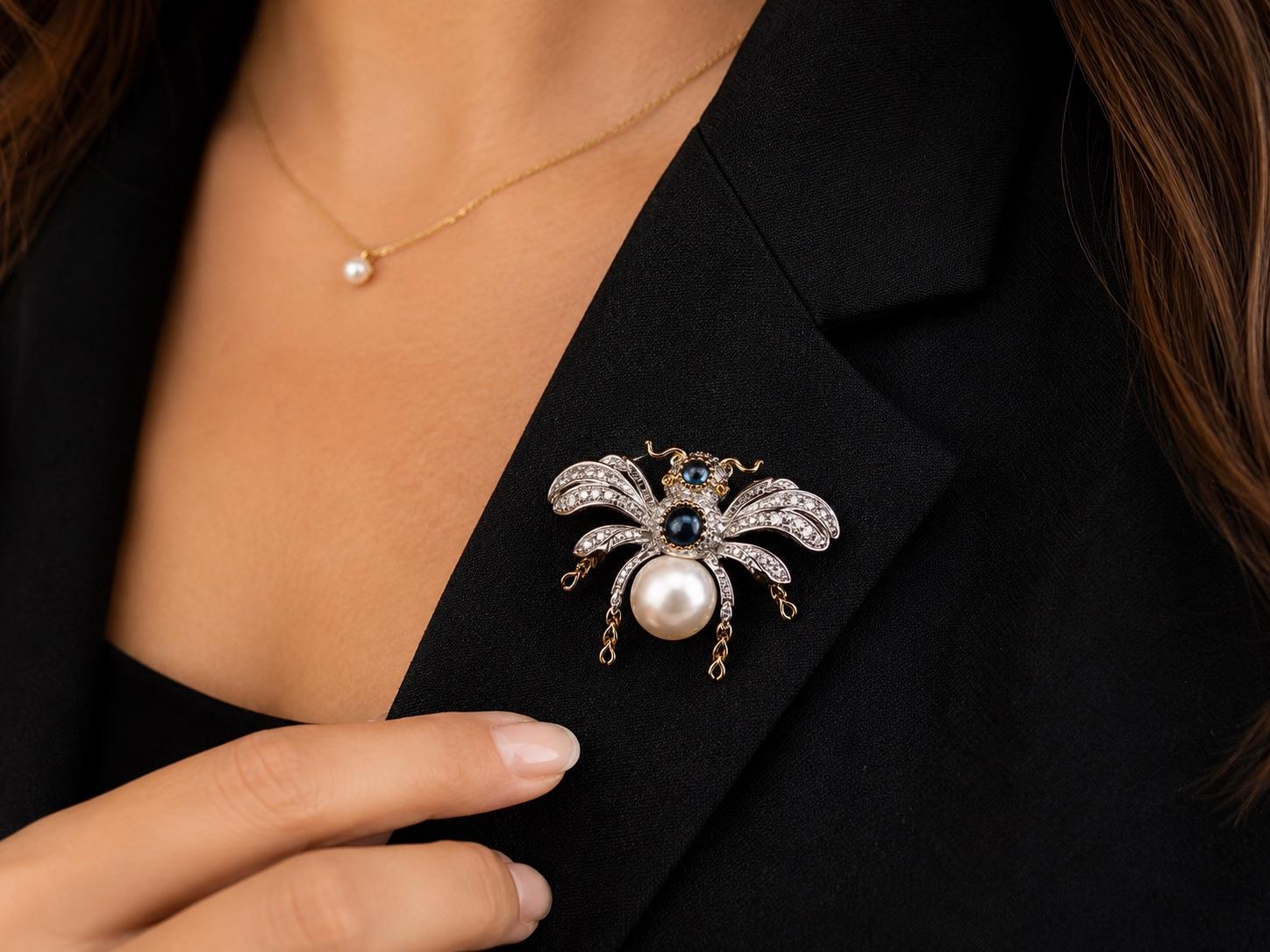 Estate 18K Gold Fly Bug Brooch with Diamonds, Sapphire and Pearls - VHK#483A