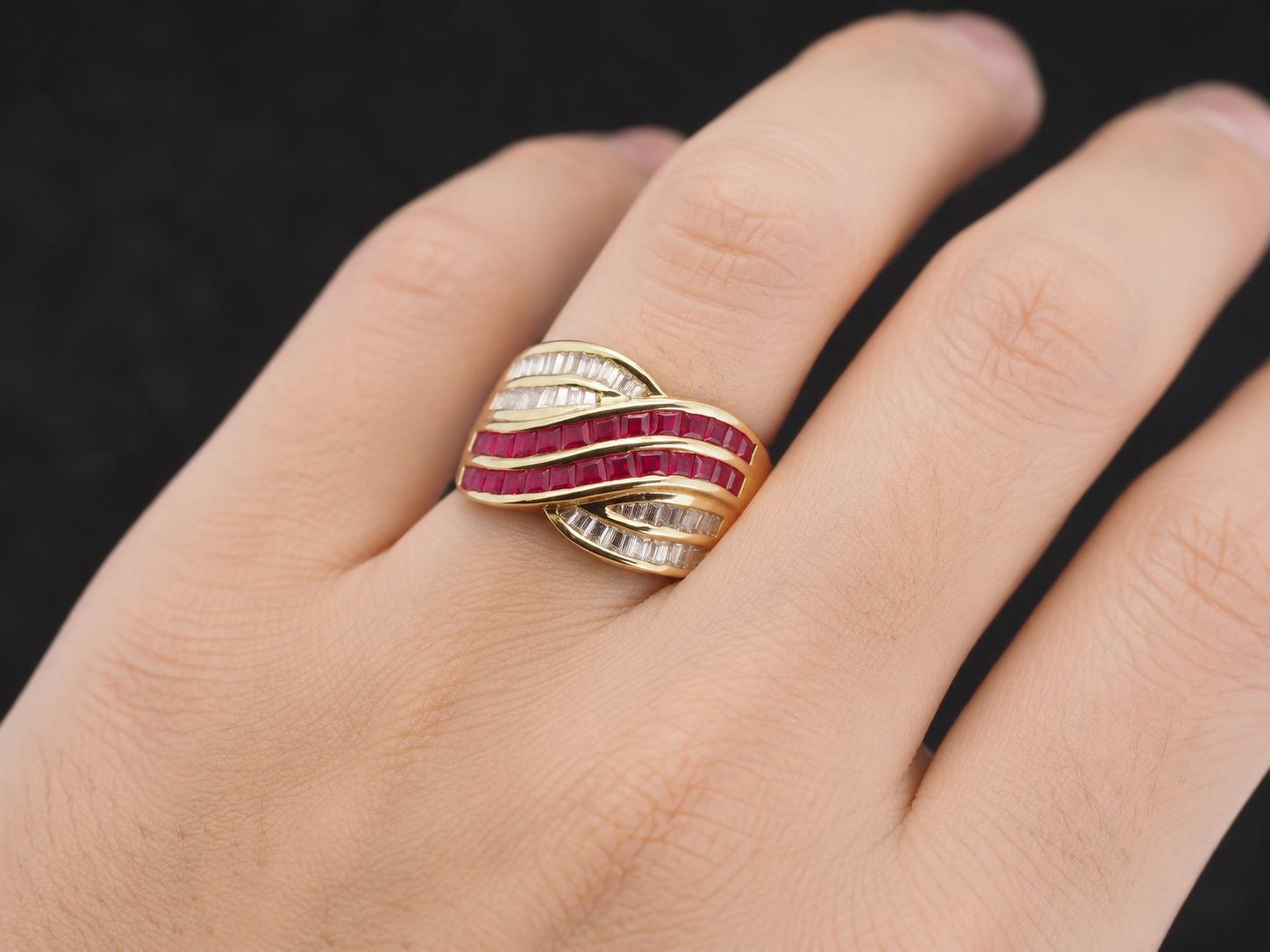 Estate 18K Yellow Gold Ruby and Diamond Crossover Band Ring - VHK#326A