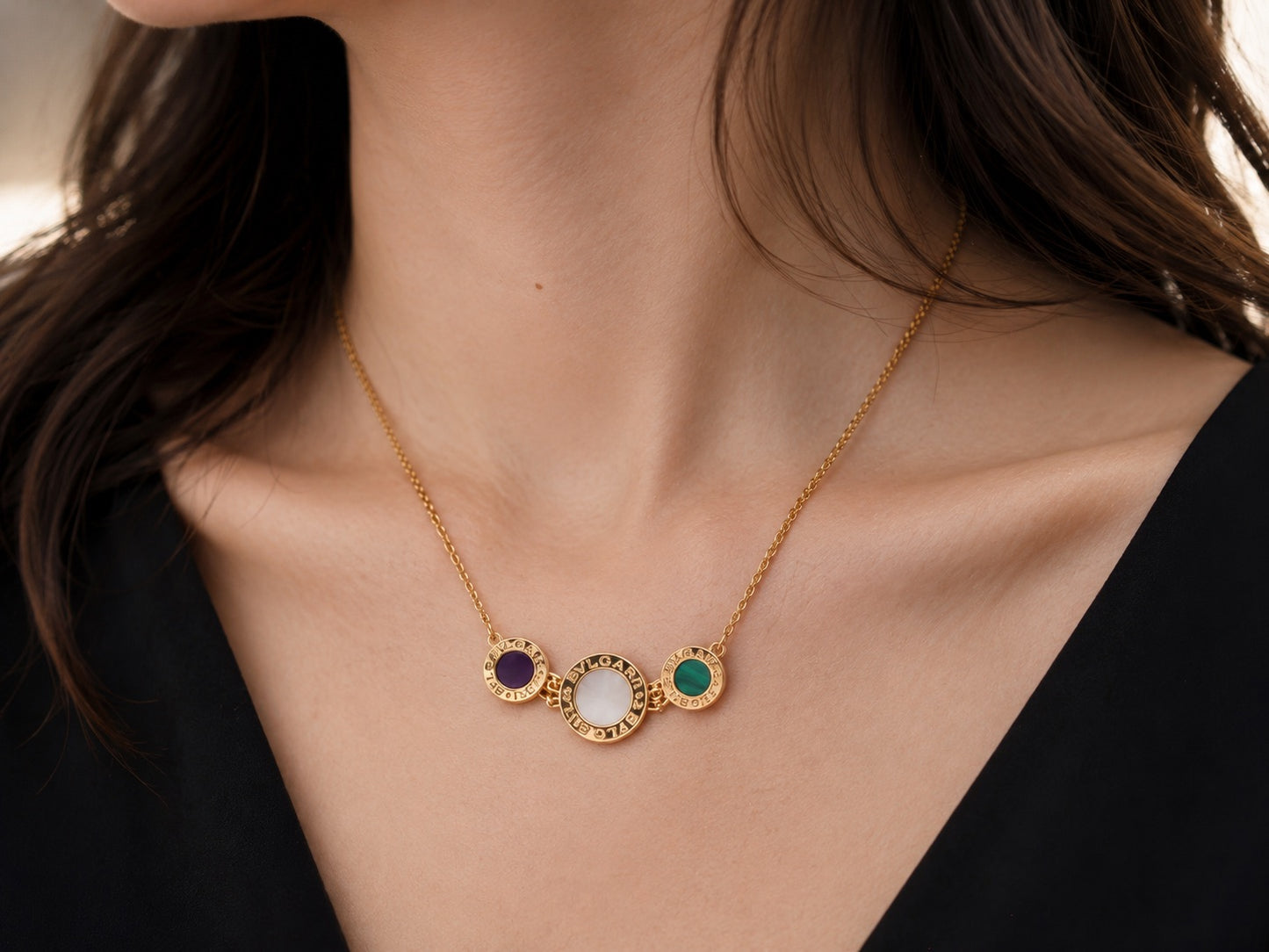 Estate BVLGARI 18K Yellow Gold Malachite, Mother Of Pearl, Sugilite Necklace