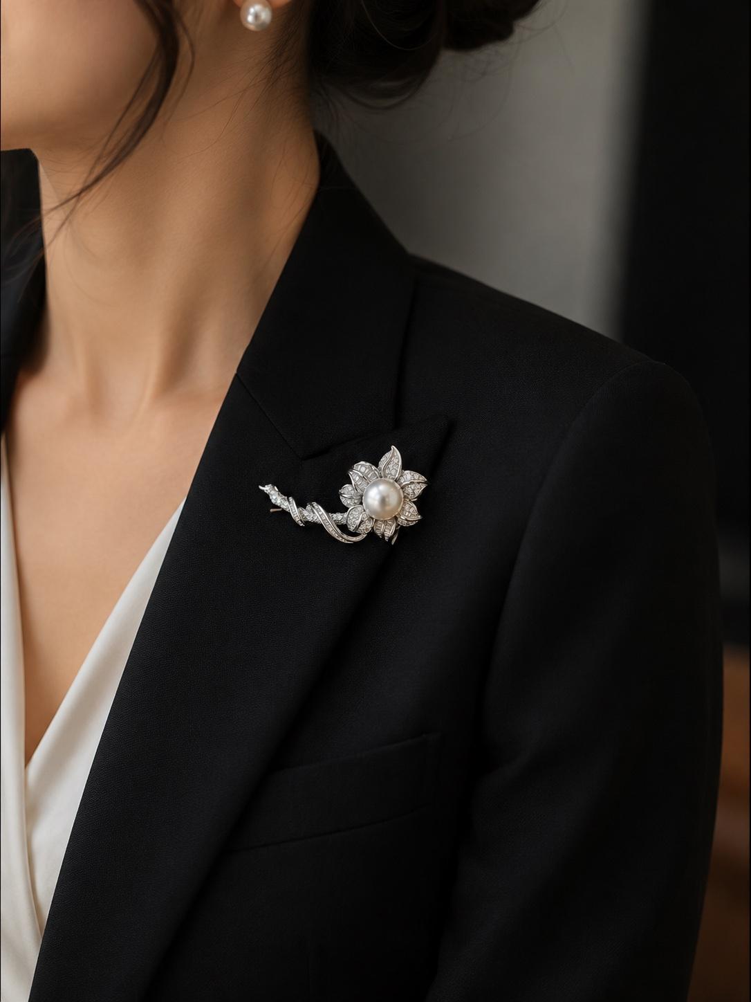 Estate 18K White Gold South Sea Pearl and Diamond Floral Brooch - VHK#426A