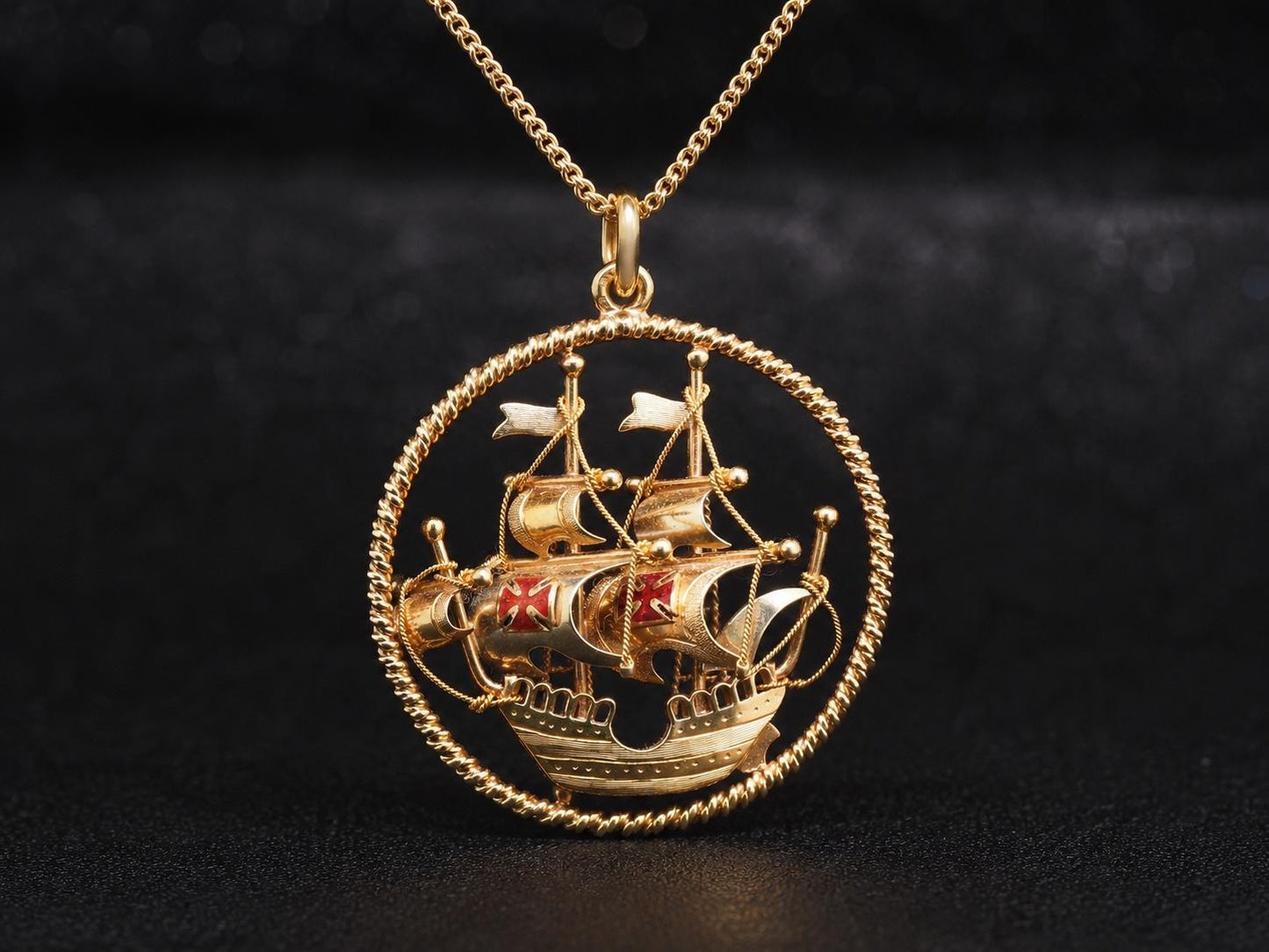 Estate Vintage 18K Yellow Gold Galleon Ship Pendant - VHK#112B