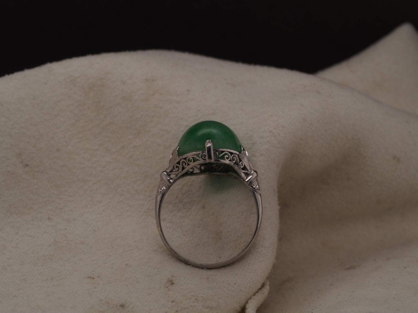 Platinum Vintage Jade Ring with ornate open work - VHK#329