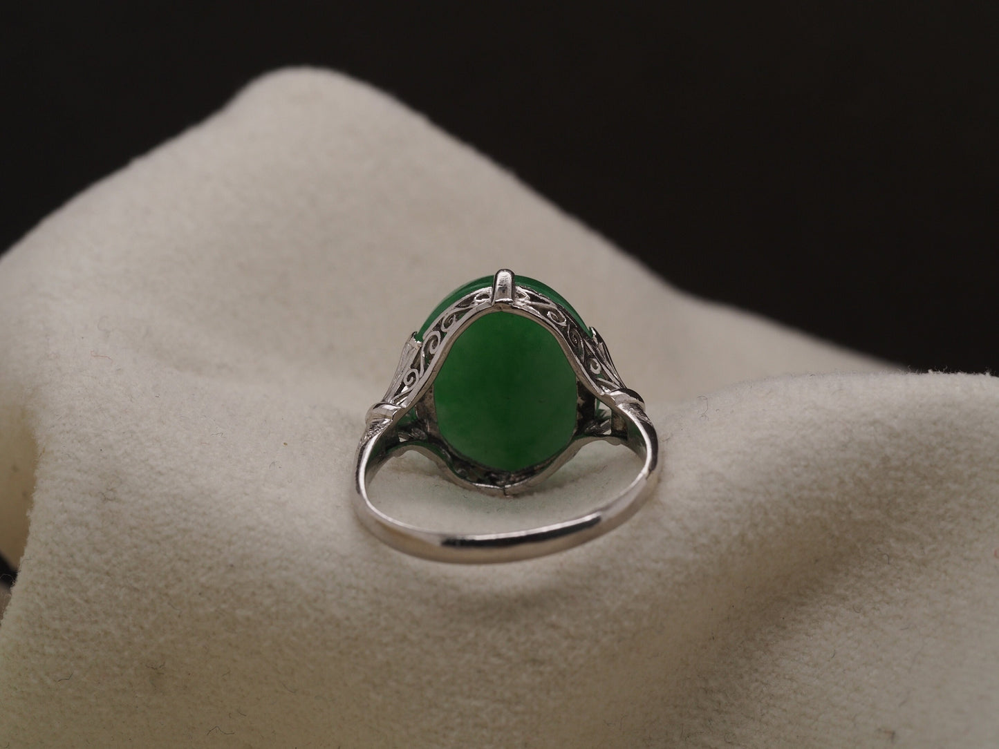 Platinum Vintage Jade Ring with ornate open work - VHK#329