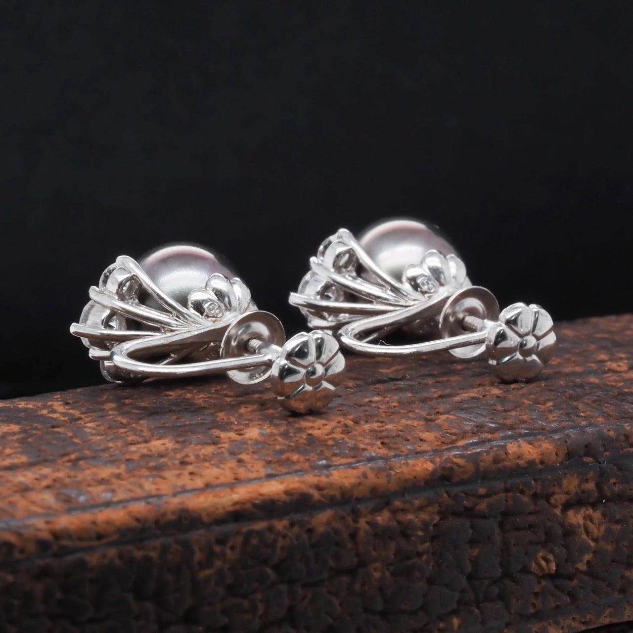 18K White Gold “MIKIMOTO” Tahitian Pearl &amp; Diamond Earrings - VHK#339