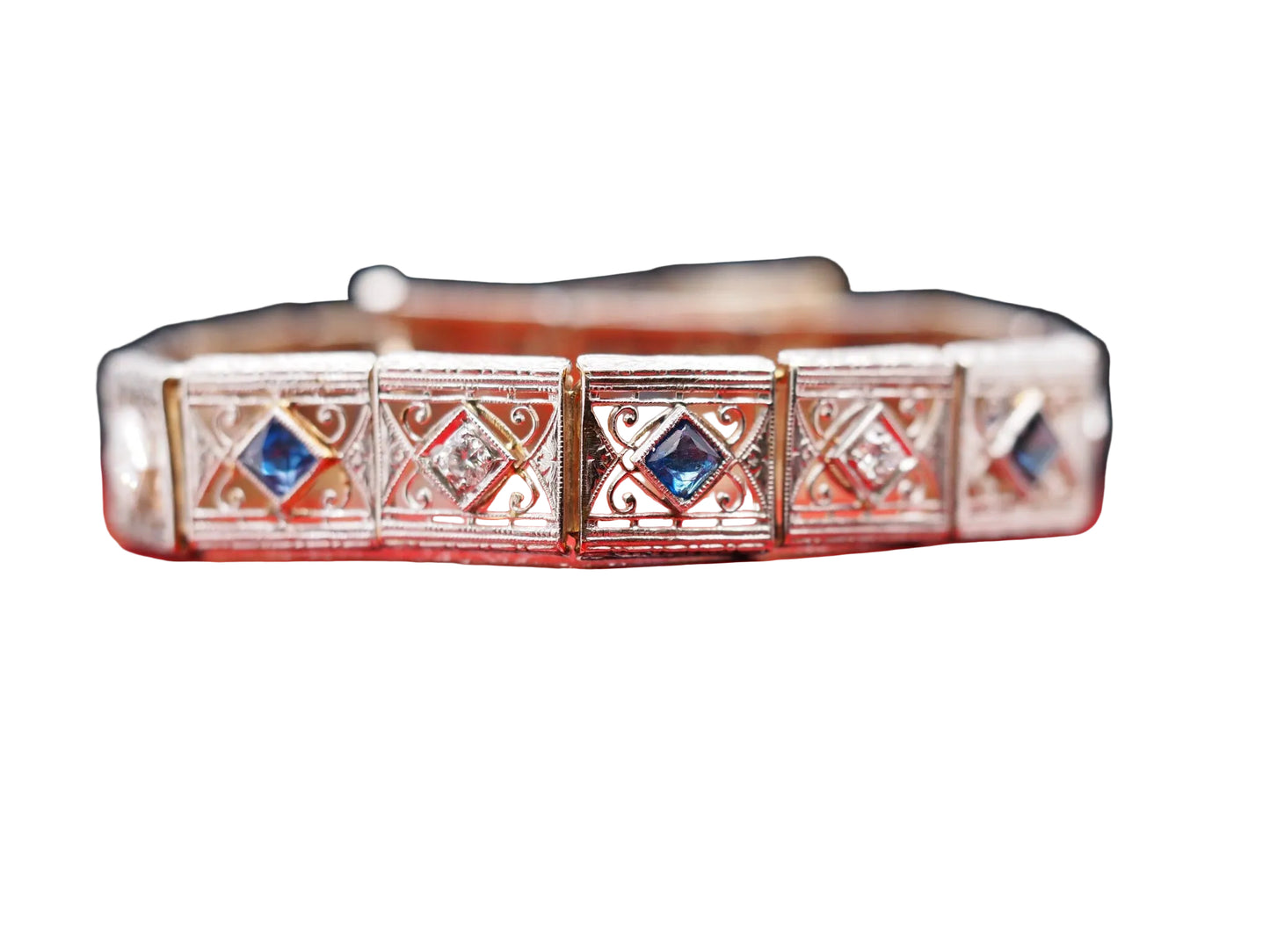 1940s 14K Yellow Gold and Platinum Diamond Sapphire Ornate Bracelet - VHK#535