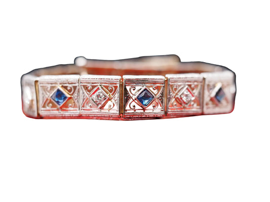 1940s 14K Yellow Gold and Platinum Diamond Sapphire Ornate Bracelet - VHK#535