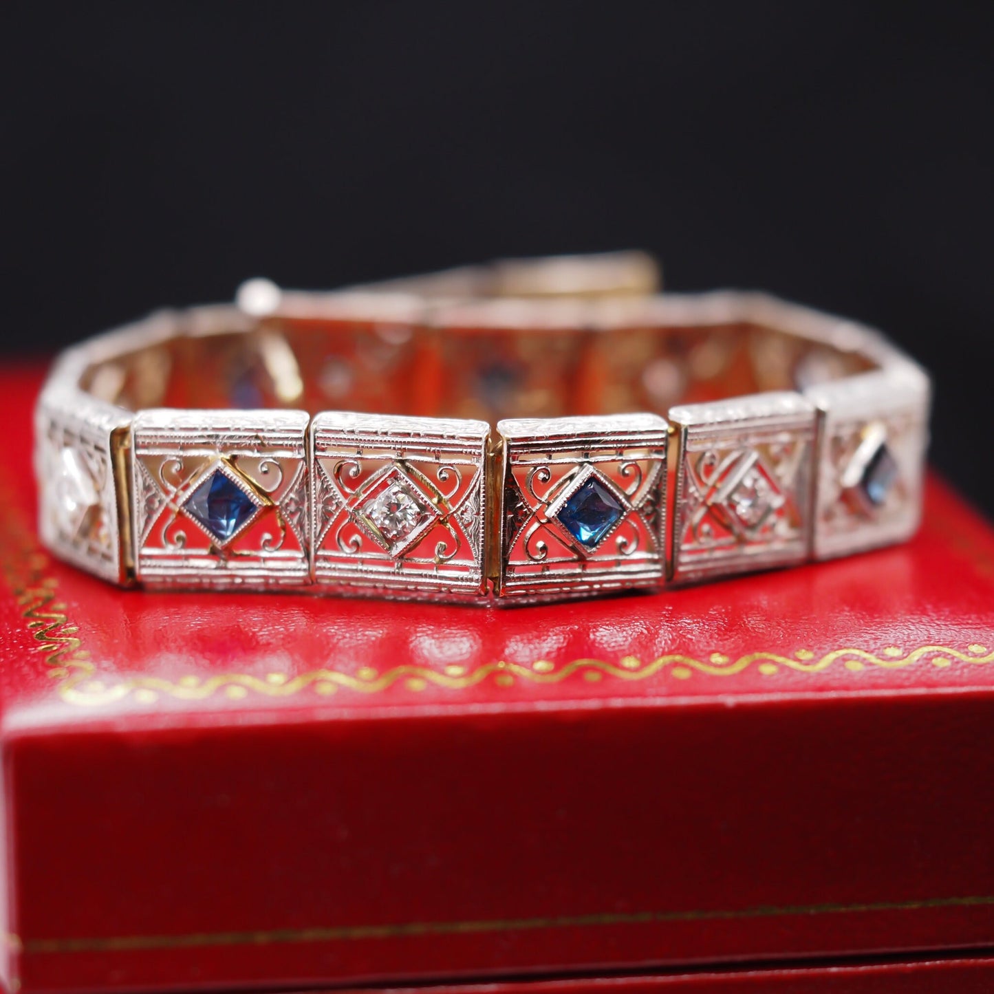 1940s 14K Yellow Gold and Platinum Diamond Sapphire Ornate Bracelet - VHK#535