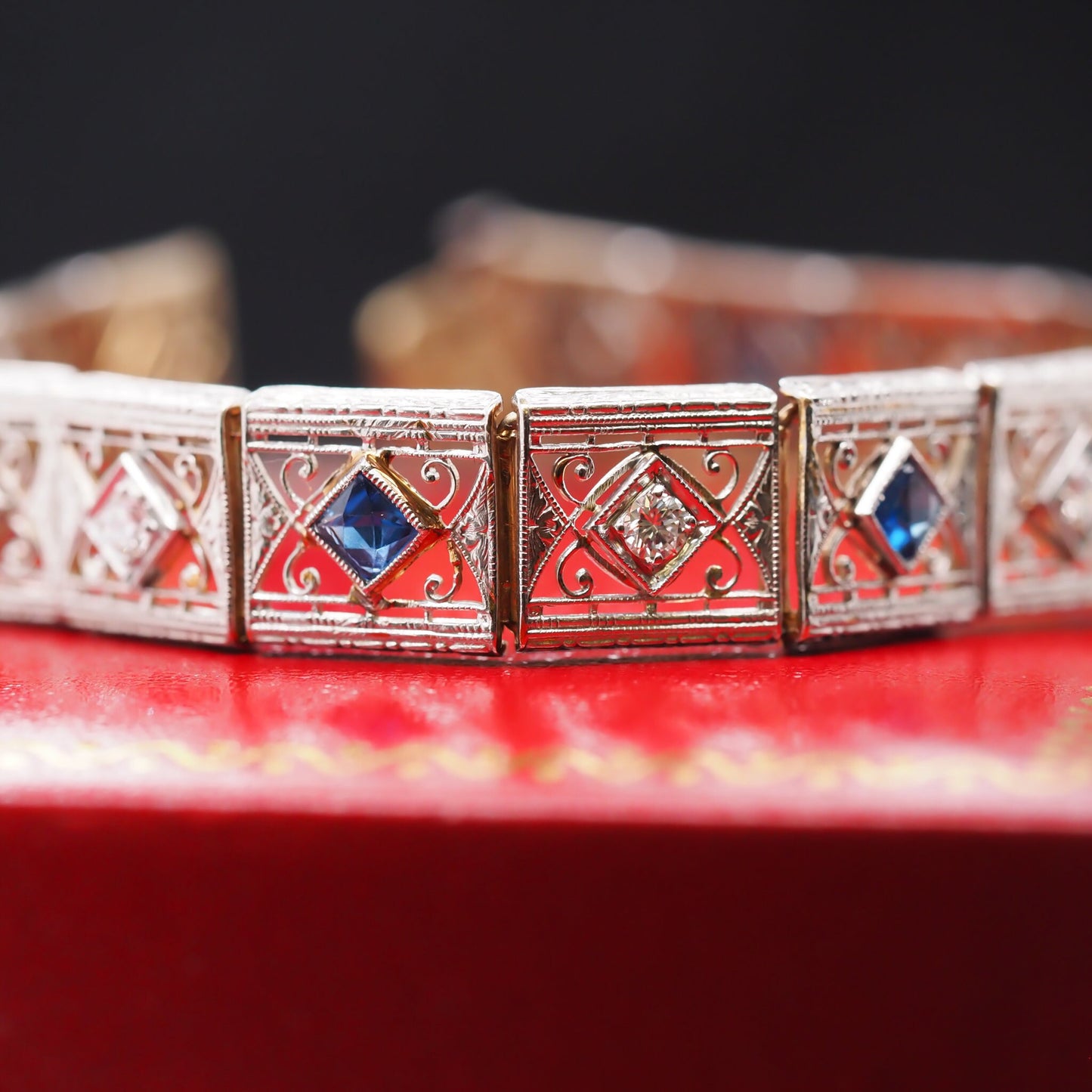 1940s 14K Yellow Gold and Platinum Diamond Sapphire Ornate Bracelet - VHK#535