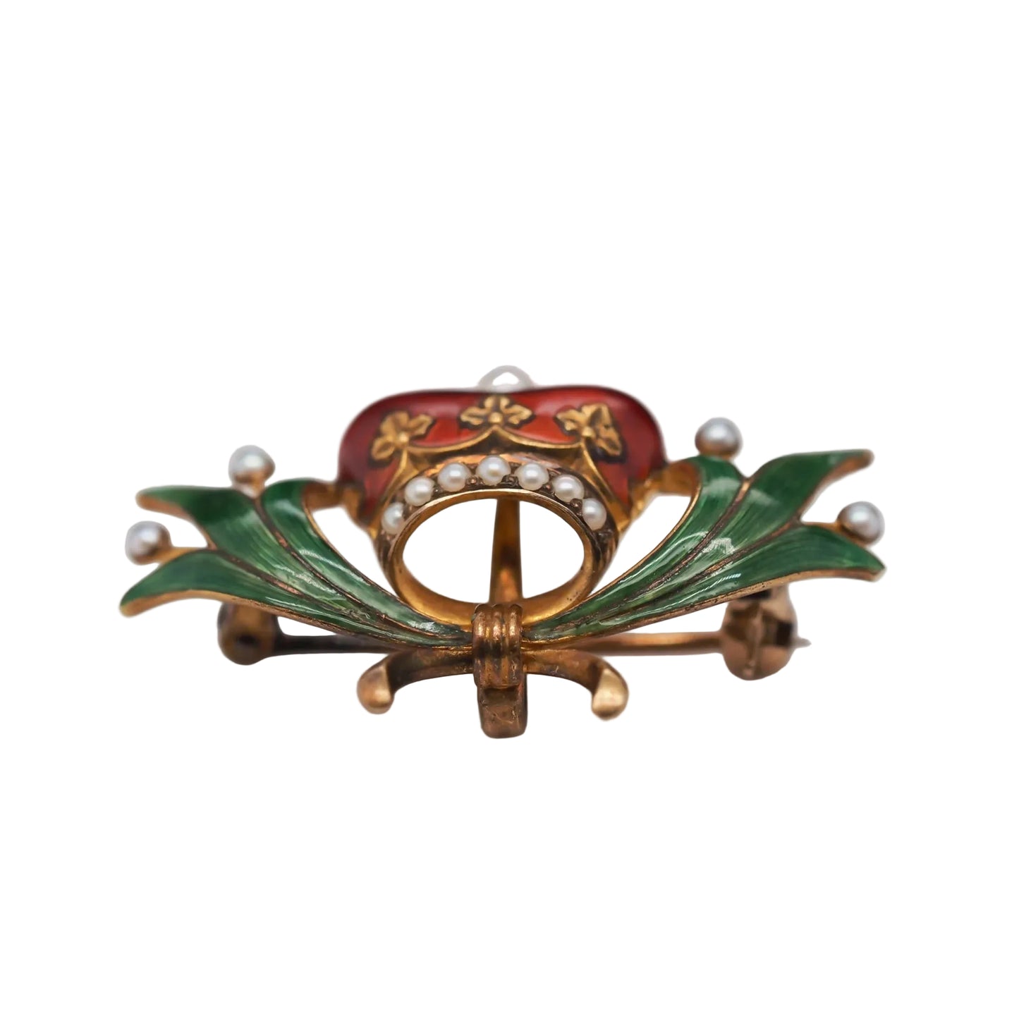 14K Yellow Gold Victorian Royal Kings Crown Enamel and Pearl Pin Brooch - VHK#539