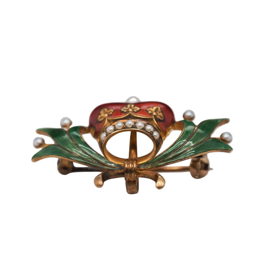 14K Yellow Gold Victorian Royal Kings Crown Enamel and Pearl Pin Brooch - VHK#539