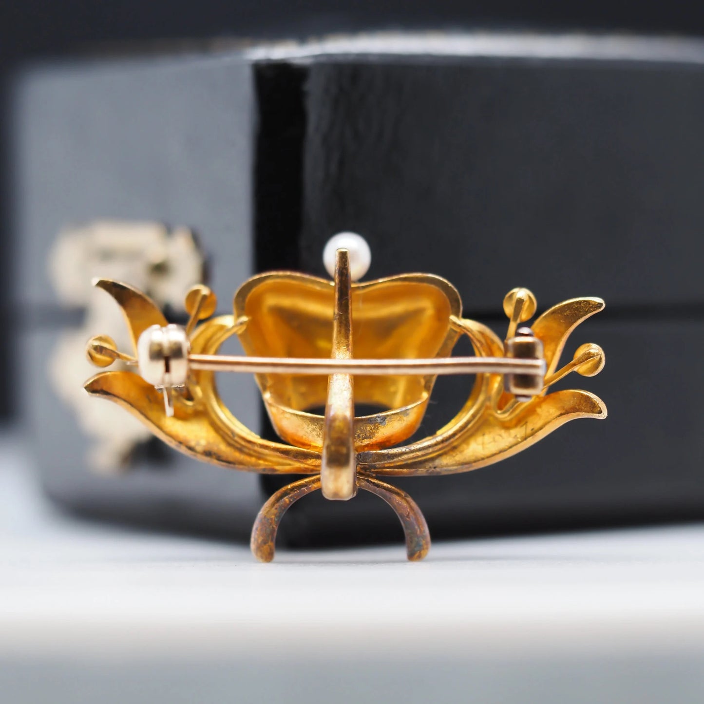 14K Yellow Gold Victorian Royal Kings Crown Enamel and Pearl Pin Brooch - VHK#539