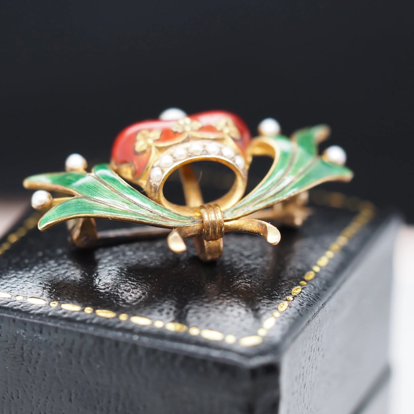 14K Yellow Gold Victorian Royal Kings Crown Enamel and Pearl Pin Brooch - VHK#539