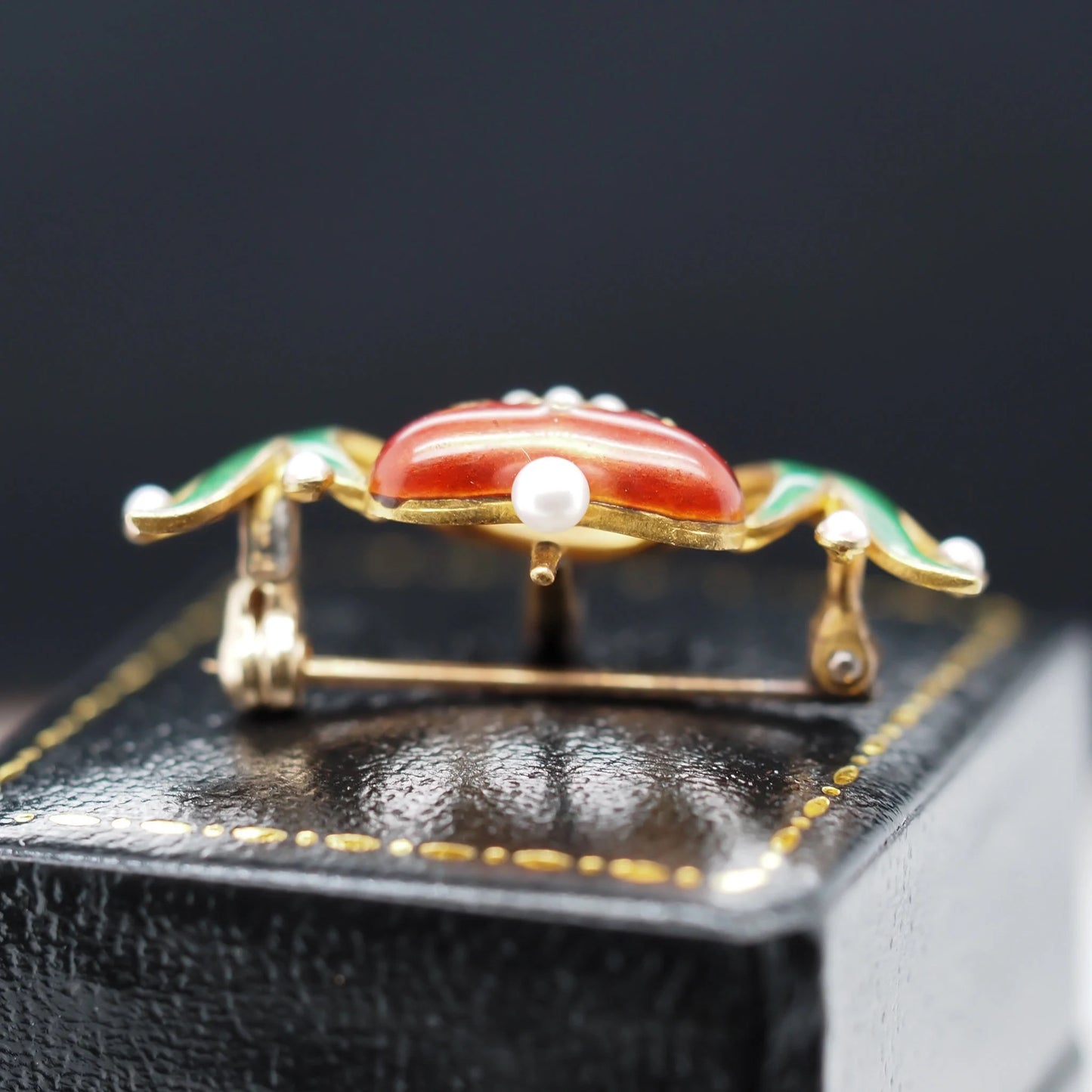 14K Yellow Gold Victorian Royal Kings Crown Enamel and Pearl Pin Brooch - VHK#539