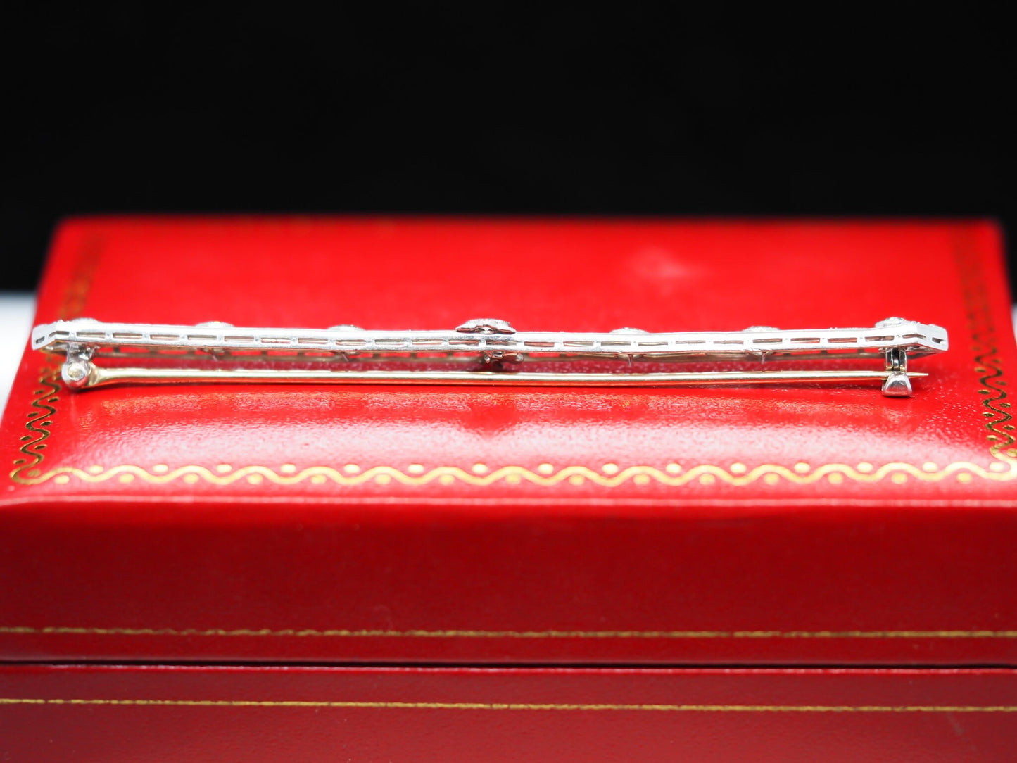 Circa 1920s Platinum and 14K Gold Long Bar Pin with Old European Cut Diamonds - VHK#556