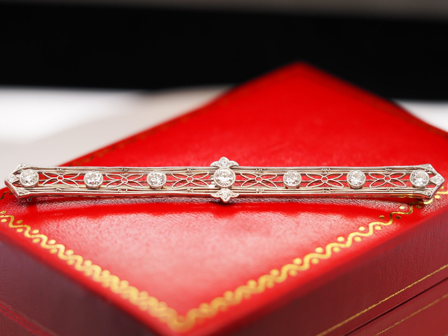 Circa 1920s Platinum and 14K Gold Long Bar Pin with Old European Cut Diamonds - VHK#556