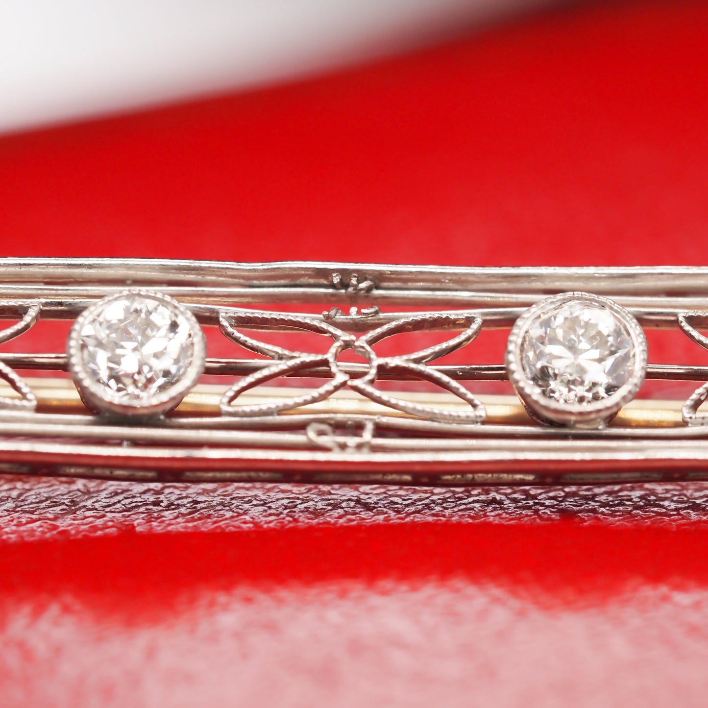 Circa 1920s Platinum and 14K Gold Long Bar Pin with Old European Cut Diamonds - VHK#556