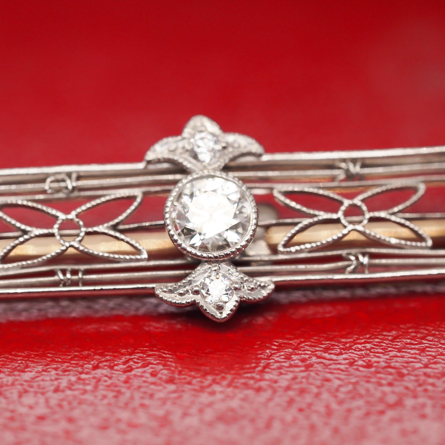 Circa 1920s Platinum and 14K Gold Long Bar Pin with Old European Cut Diamonds - VHK#556