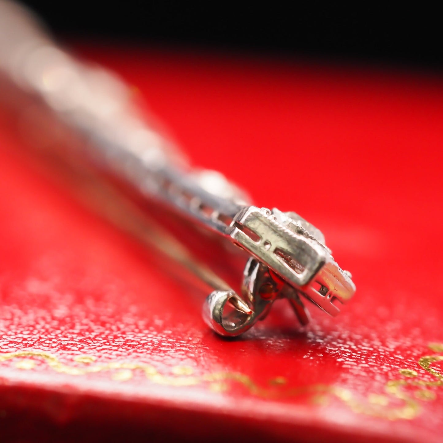 Circa 1920s Platinum and 14K Gold Long Bar Pin with Old European Cut Diamonds - VHK#556